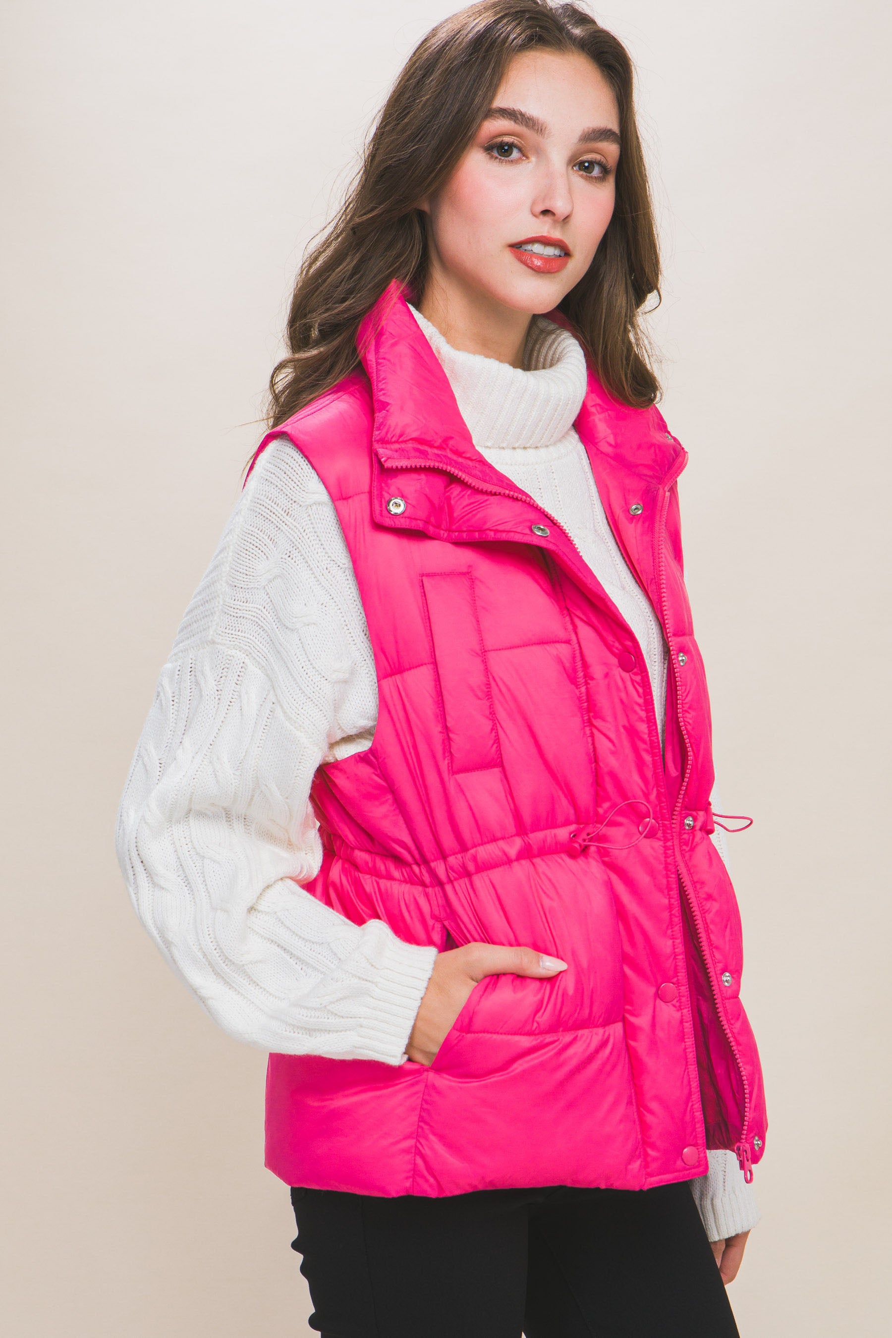 THE JILL Zip Up Button Puffer Vest With Waist Toggles