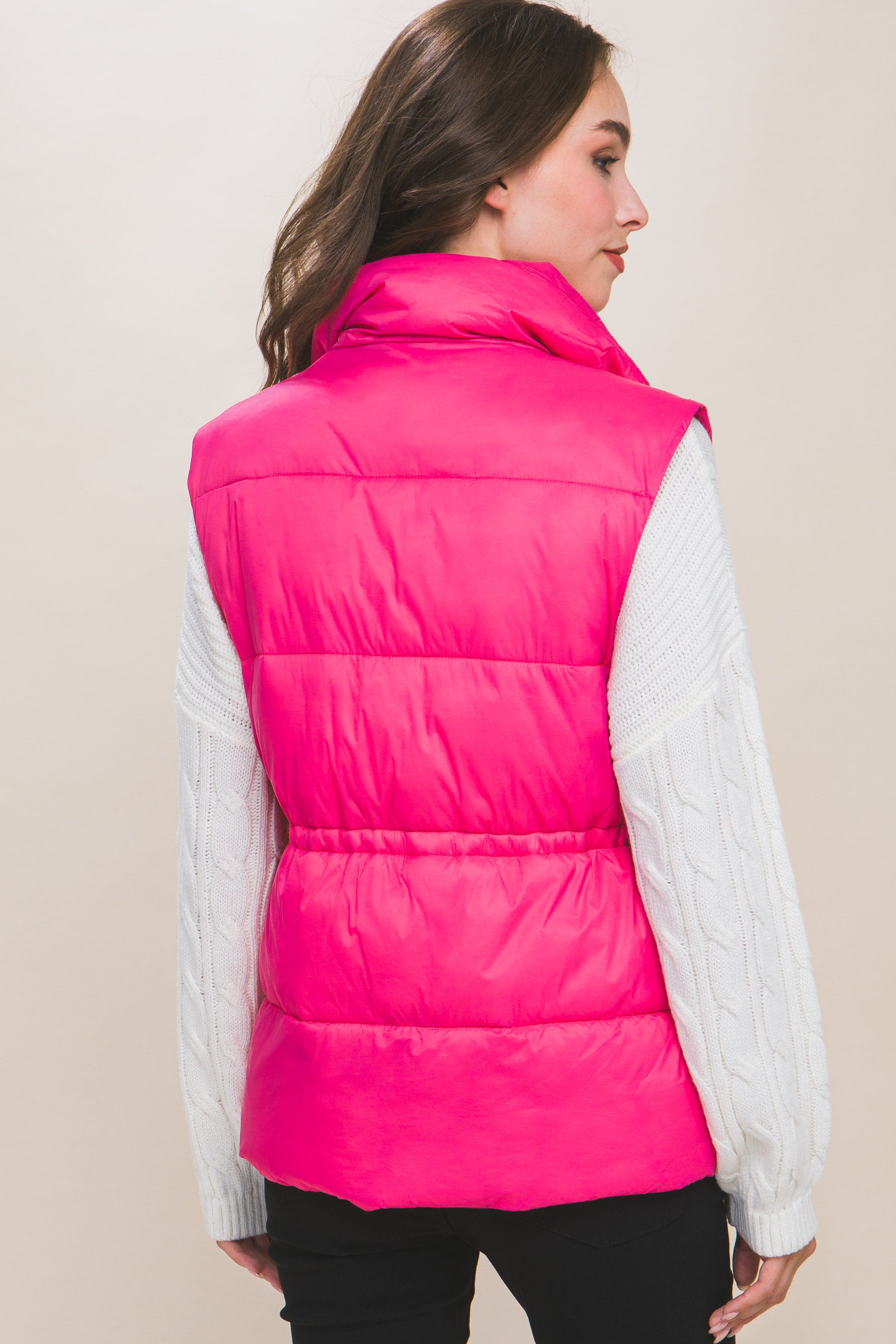 THE JILL Zip Up Button Puffer Vest With Waist Toggles