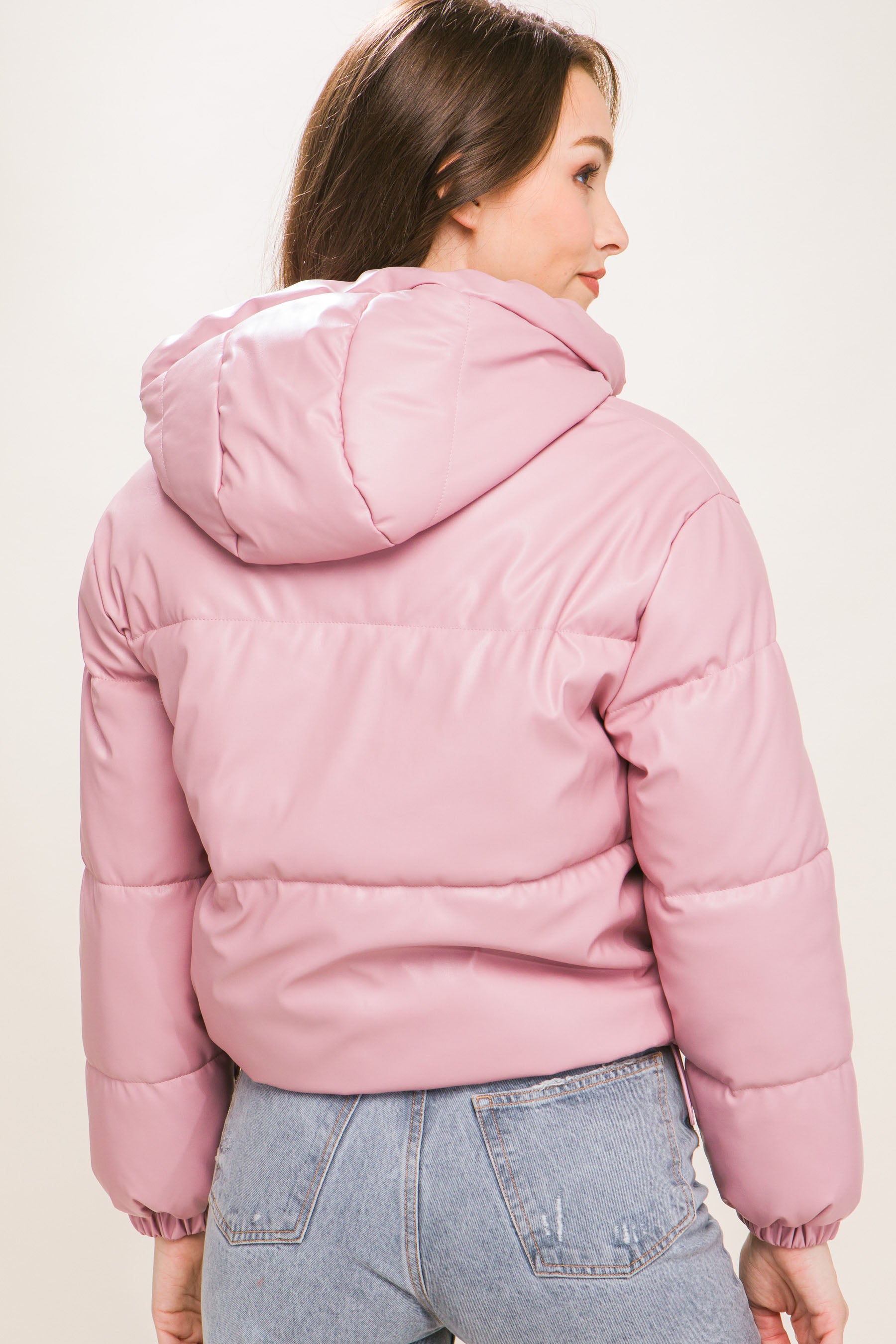 THE HYPE Pu Faux Leather Zipper Hooded Puffer Jacket