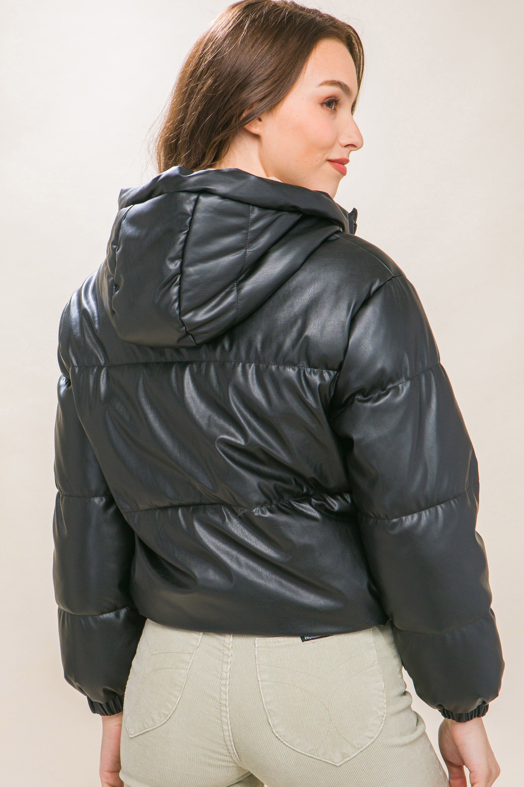 THE HYPE Pu Faux Leather Zipper Hooded Puffer Jacket