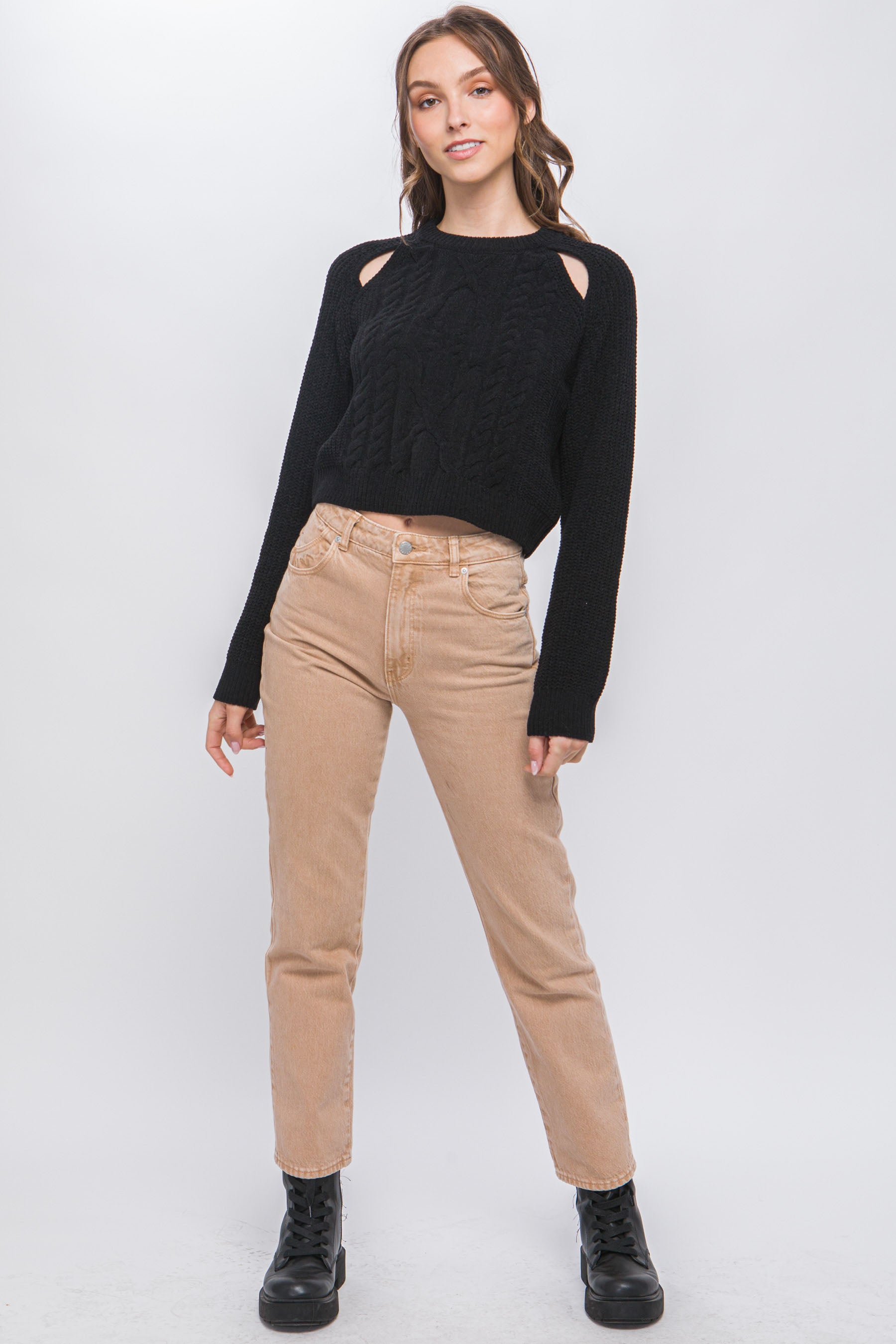 THE FLAMINGLE Knit Pullover Sweater With Cold Shoulder Detail