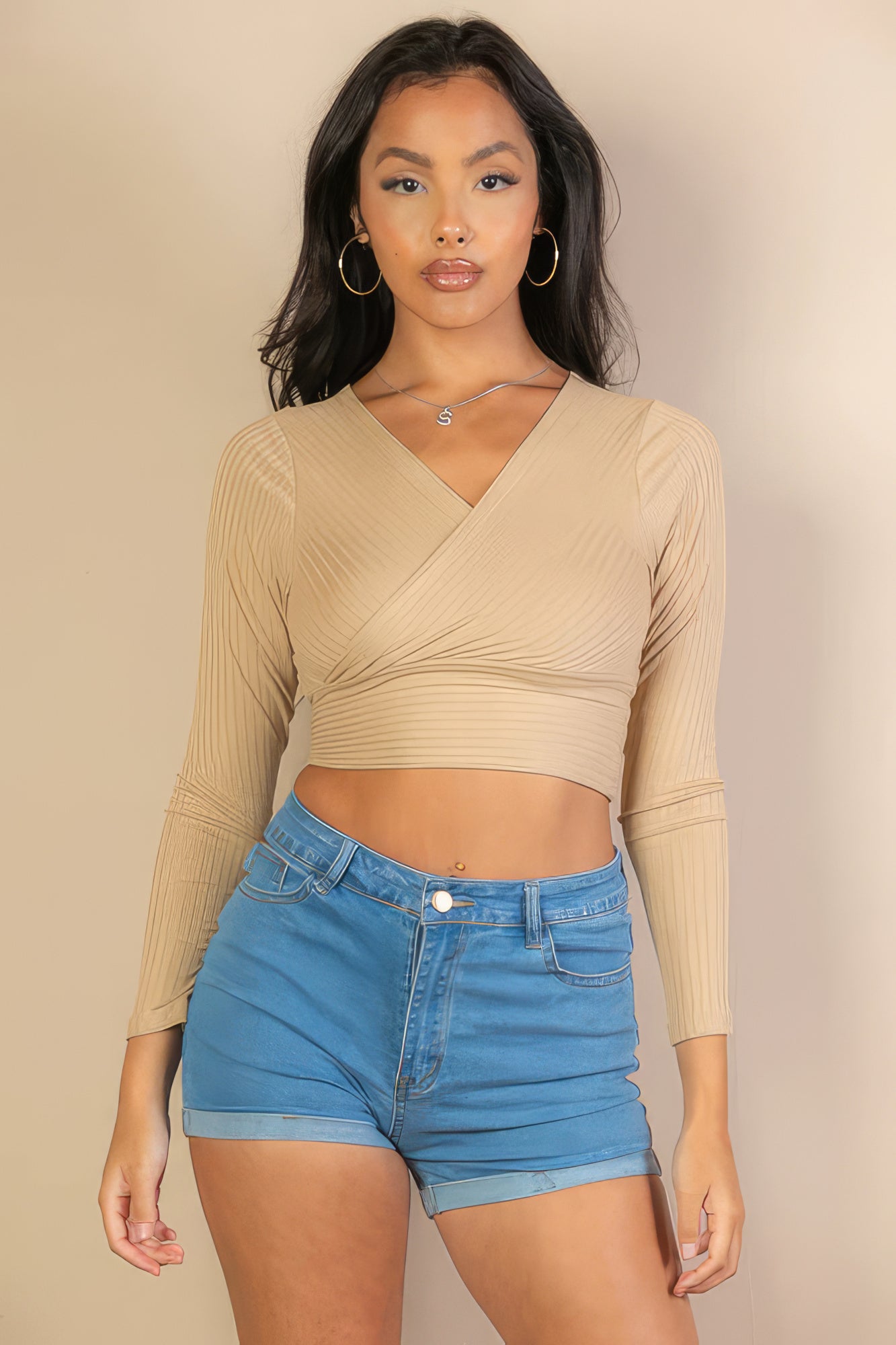 THE CHELSEA Ribbed Wrap Front Long Sleeve Top