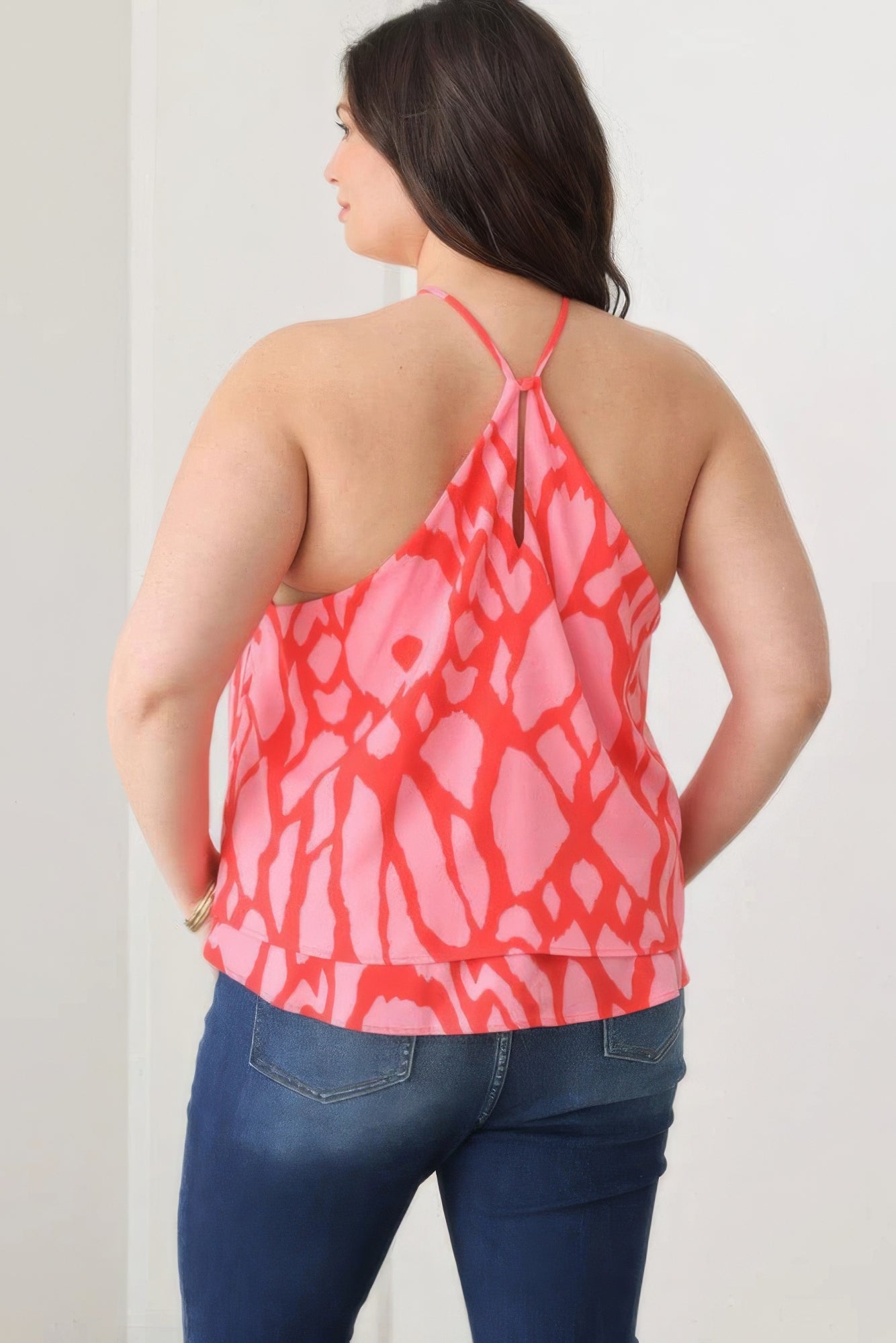 THE ANGIE Plus Size Abstract Print Halter Ruffle Hem Top