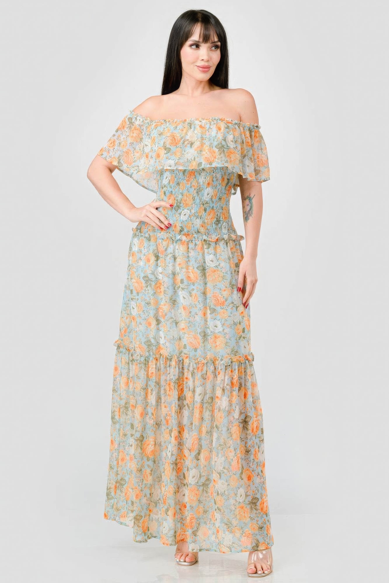 THE MARLIE Floral Chiffon Off Shoulder Smocked Back Ruffled Tiered Maxi Dress