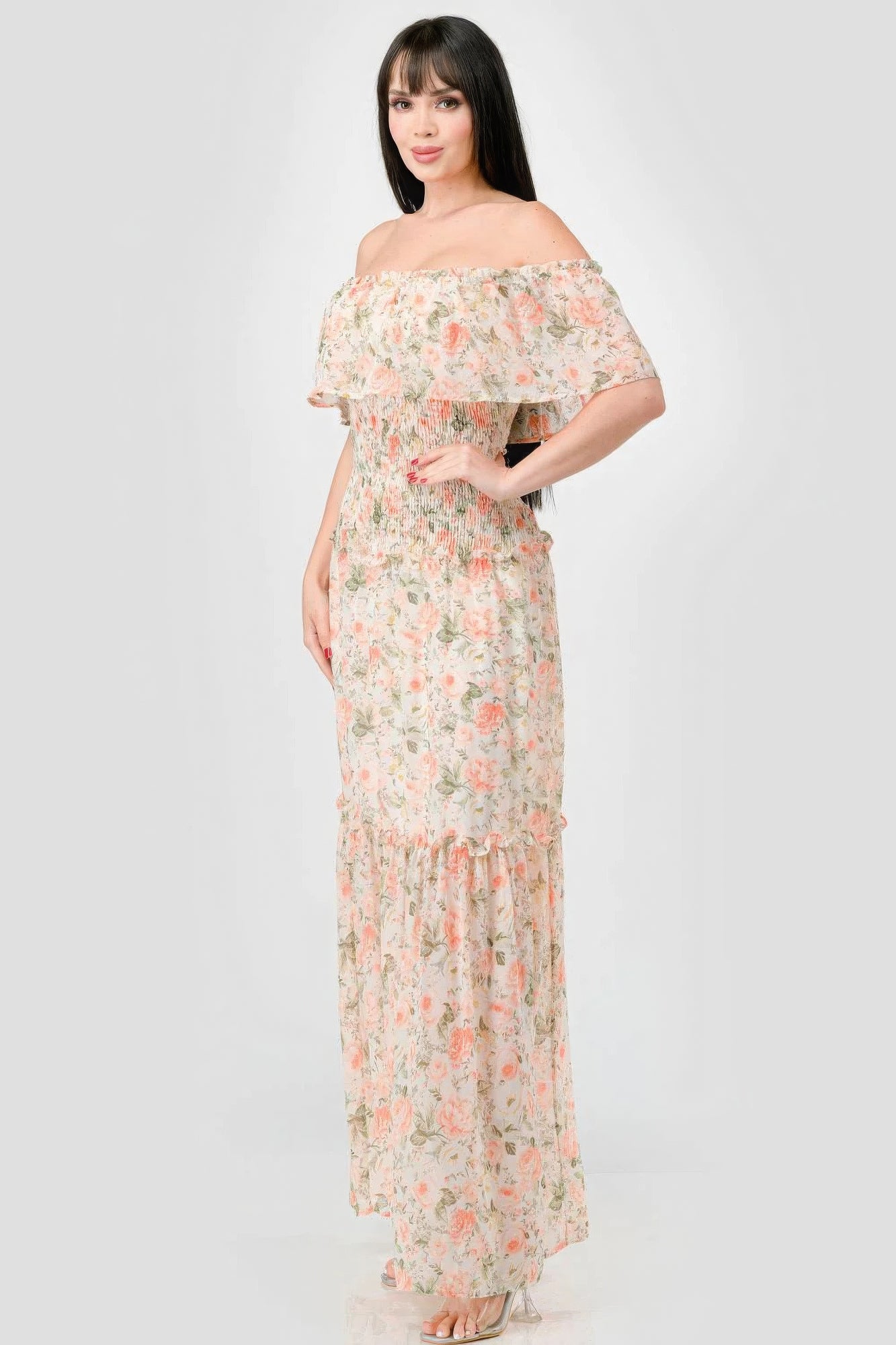 THE MARLIE Floral Chiffon Off Shoulder Smocked Back Ruffled Tiered Maxi Dress